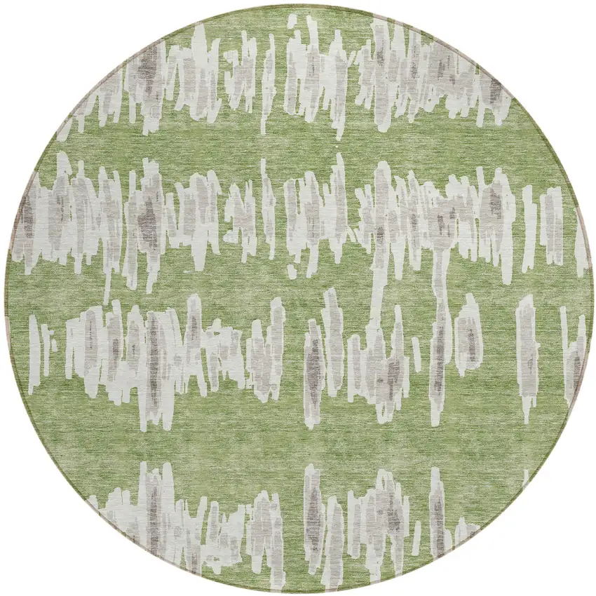 8' Green Gray And Ivory Round Striped Washable Indoor Outdoor Area Rug Photo 2