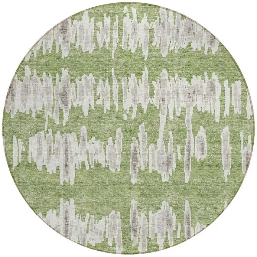 8' Green Gray And Ivory Round Striped Washable Indoor Outdoor Area Rug Photo 6