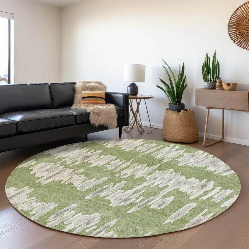 8' Green Gray And Ivory Round Striped Washable Indoor Outdoor Area Rug Photo 8
