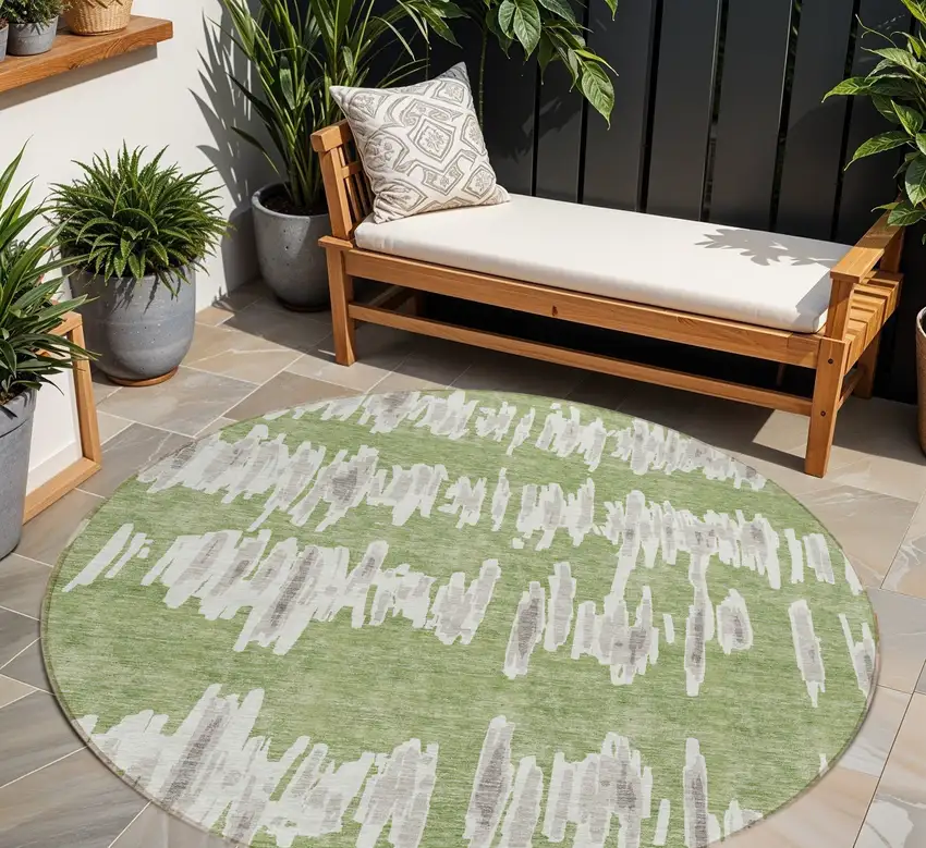 8' Green Gray And Ivory Round Striped Washable Indoor Outdoor Area Rug Photo 1