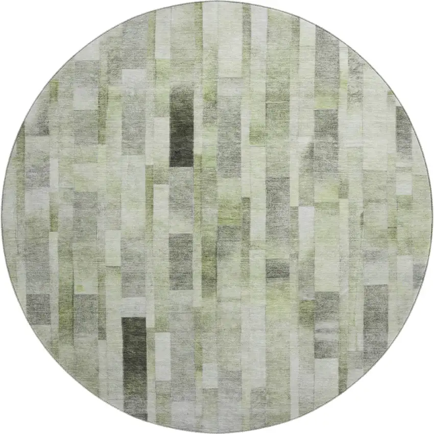 8' Green Gray And Ivory Striped Washable Round Rug With UV Protection Photo 1