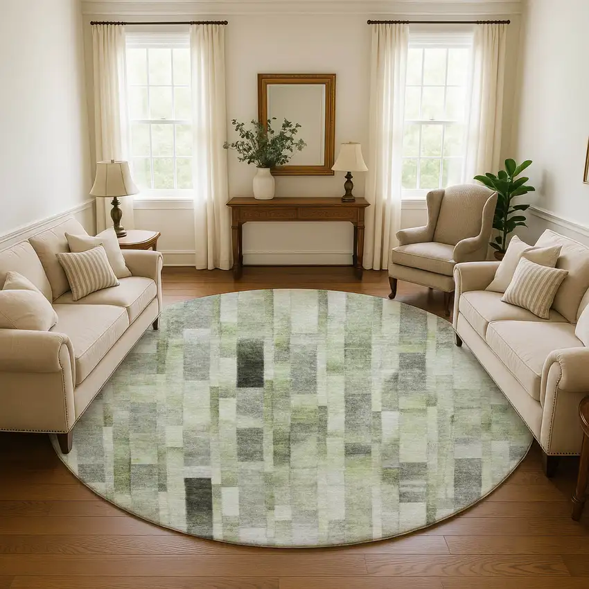 8' Green Gray And Ivory Striped Washable Round Rug With UV Protection Photo 4