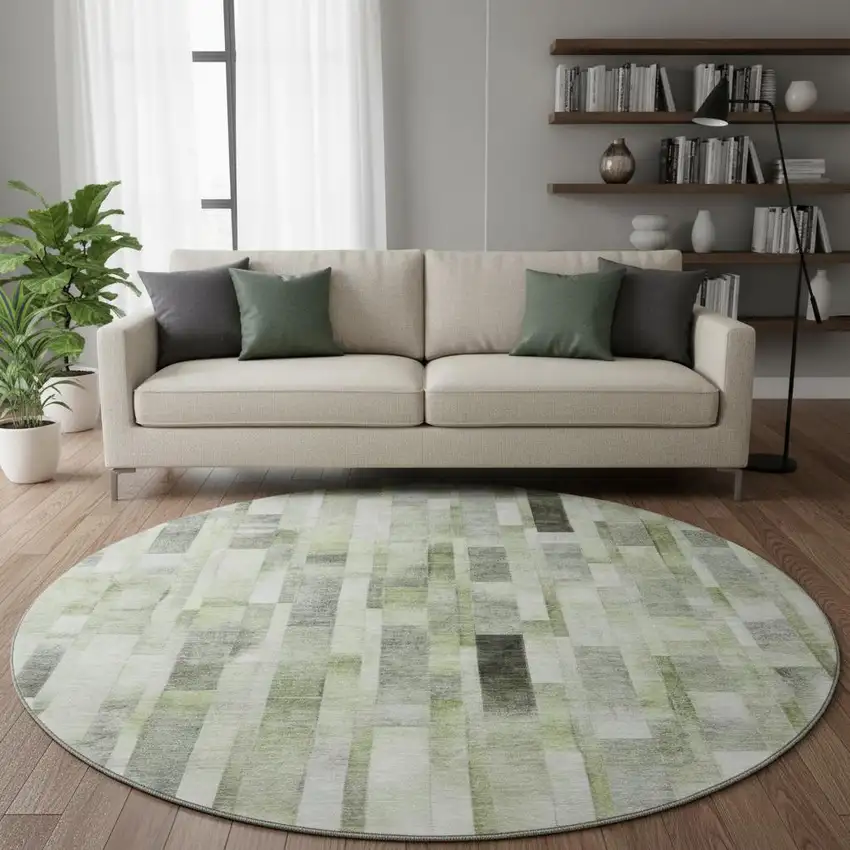 8' Green Gray And Ivory Striped Washable Round Rug With UV Protection Photo 2
