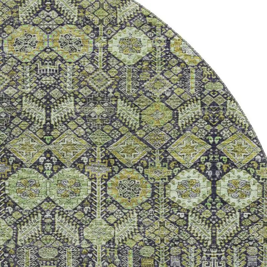 8' Green Gray And Ivory Tribal Washable Round Rug With UV Protection Photo 3