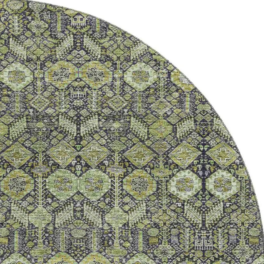 8' Green Gray And Ivory Tribal Washable Round Rug With UV Protection Photo 4