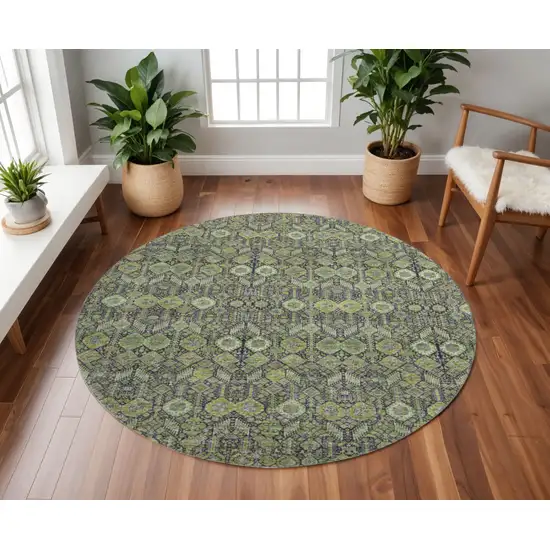 8' Green Gray And Ivory Tribal Washable Round Rug With UV Protection Photo 2