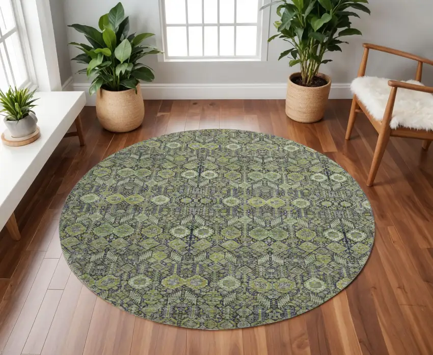 8' Green Gray And Ivory Tribal Washable Round Rug With UV Protection Photo 2