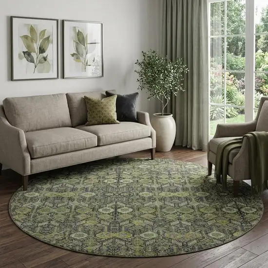 8' Green Gray And Ivory Tribal Washable Round Rug With UV Protection Photo 1