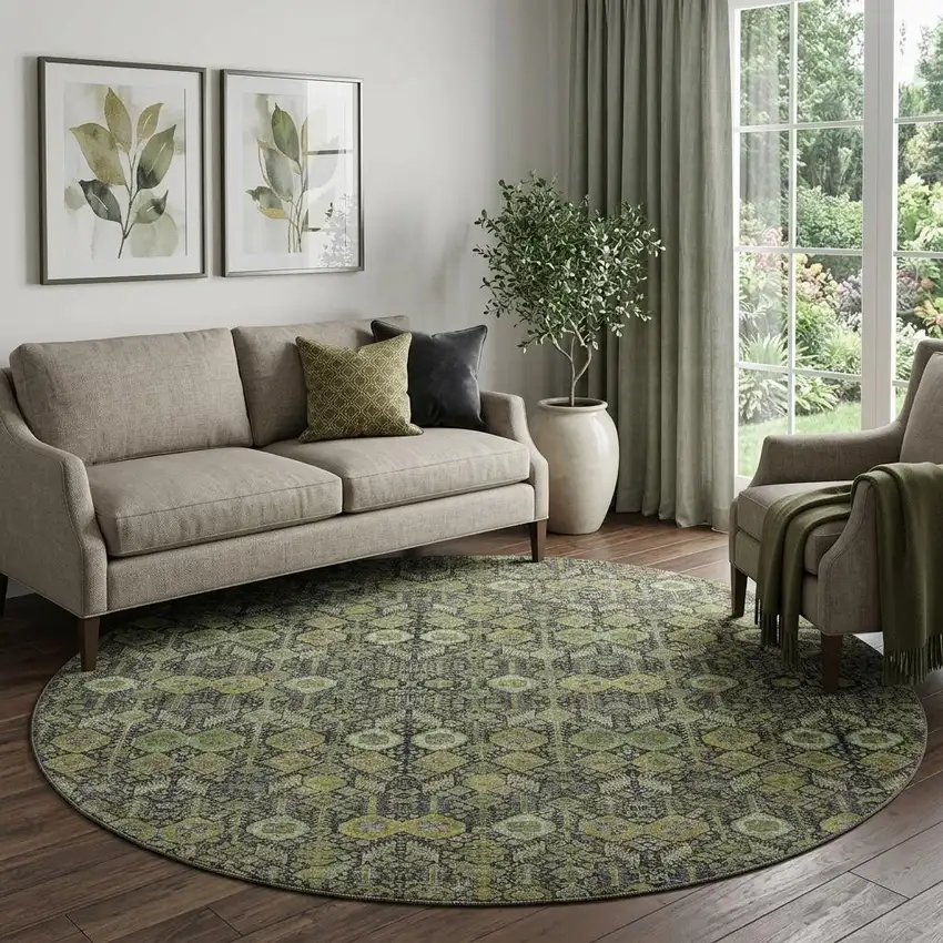 8' Green Gray And Ivory Tribal Washable Round Rug With UV Protection Photo 1