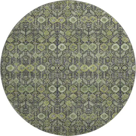 8' Green Gray And Ivory Tribal Washable Round Rug With UV Protection Photo 1