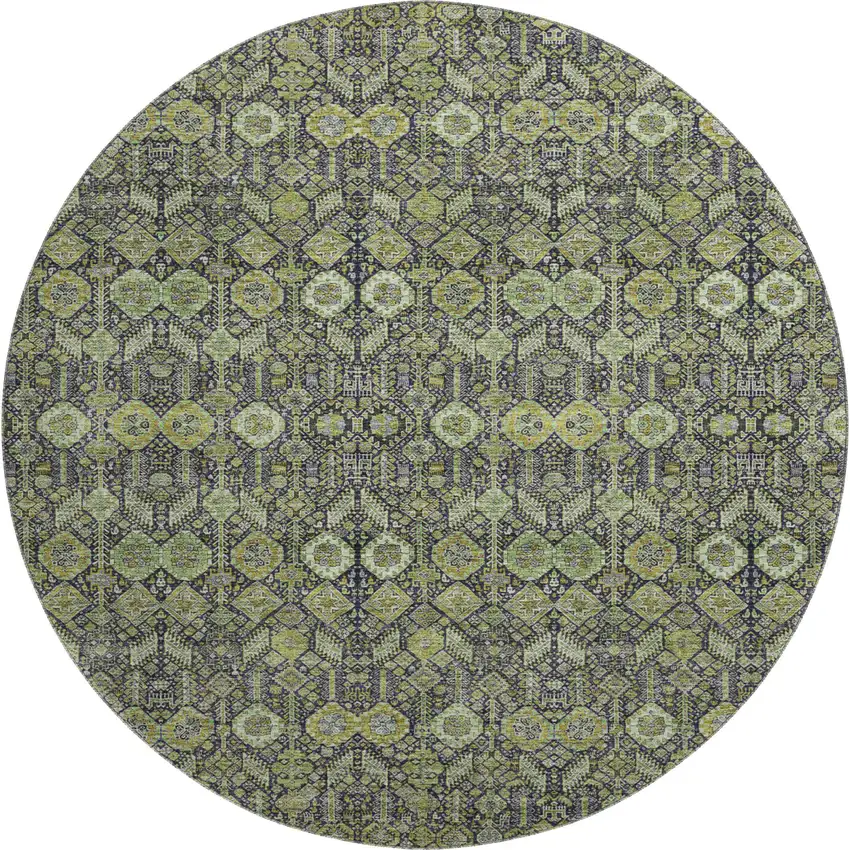 8' Green Gray And Ivory Tribal Washable Round Rug With UV Protection Photo 1