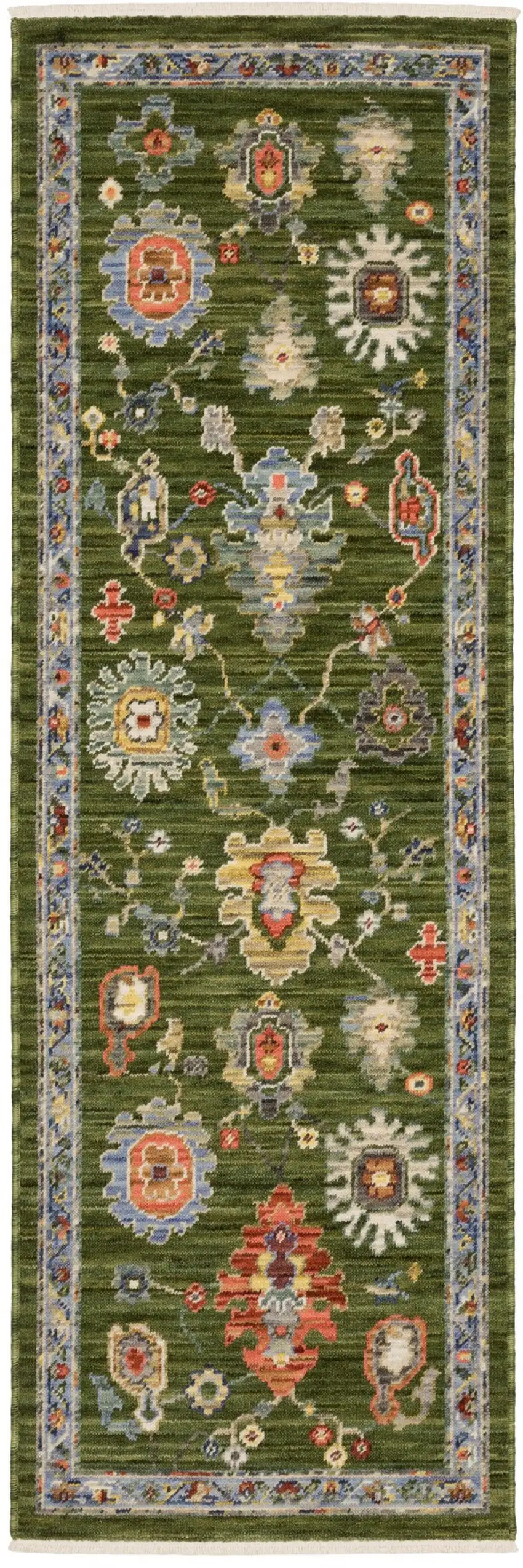 6' Green Gray And Light Blue Oriental Runner Rug With Fringe Photo 2
