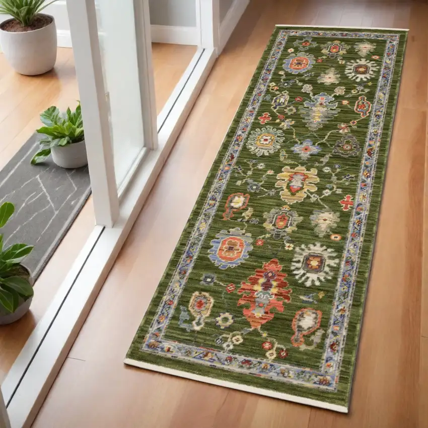 6' Green Gray And Light Blue Oriental Runner Rug With Fringe Photo 1
