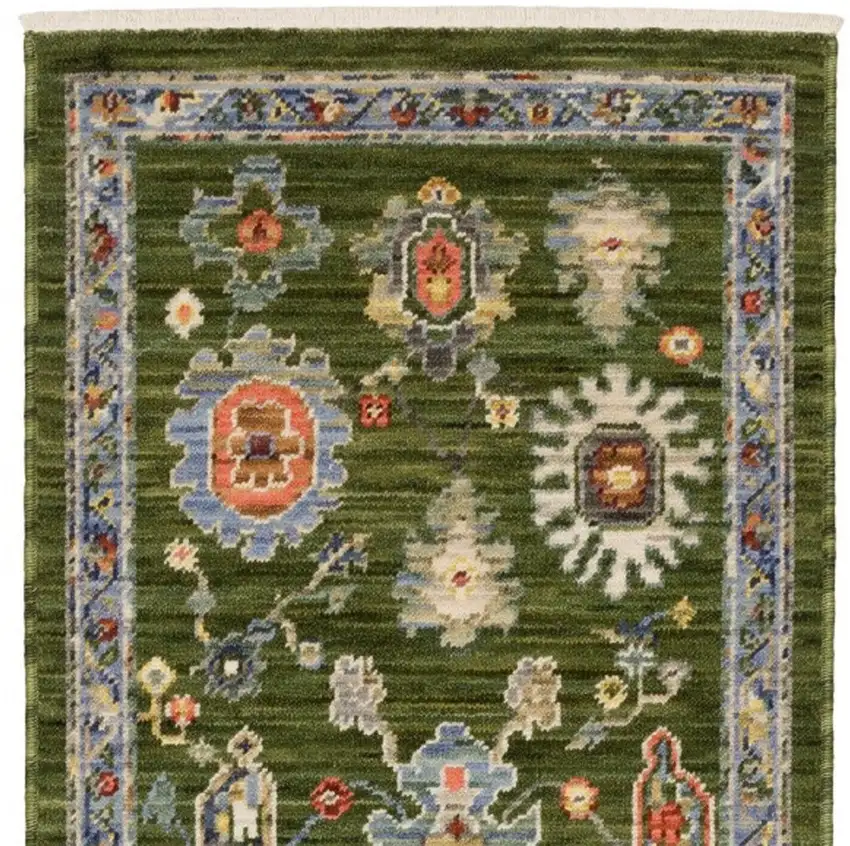 6' Green Gray And Light Blue Oriental Runner Rug With Fringe Photo 5