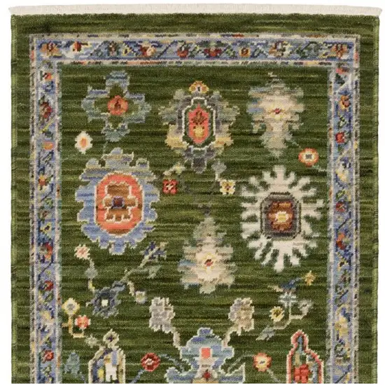 6' Green Gray And Light Blue Oriental Runner Rug With Fringe Photo 5