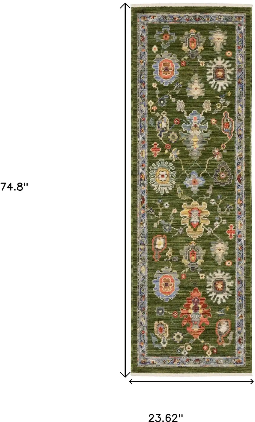6' Green Gray And Light Blue Oriental Runner Rug With Fringe Photo 3