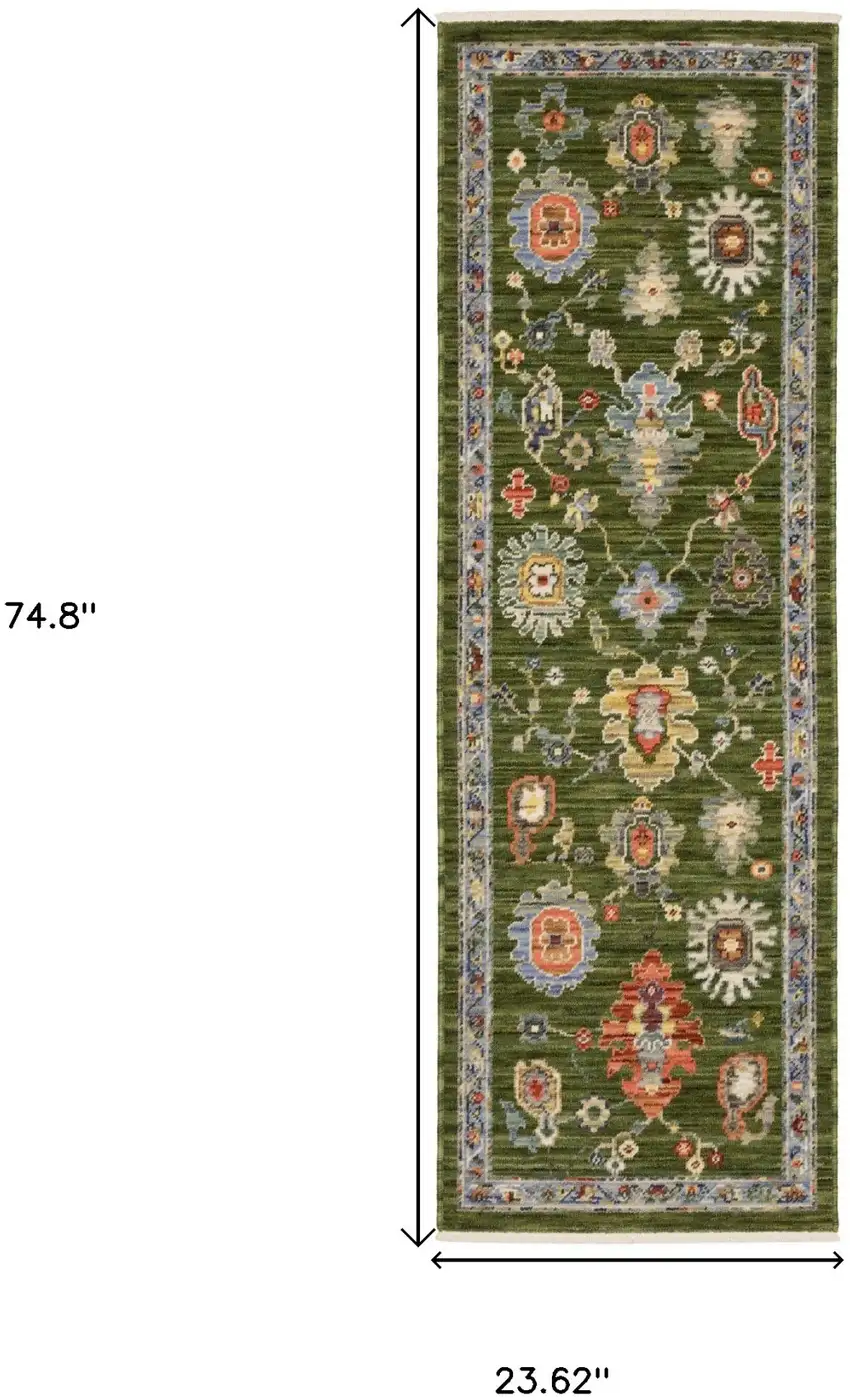 6' Green Gray And Light Blue Oriental Runner Rug With Fringe Photo 3