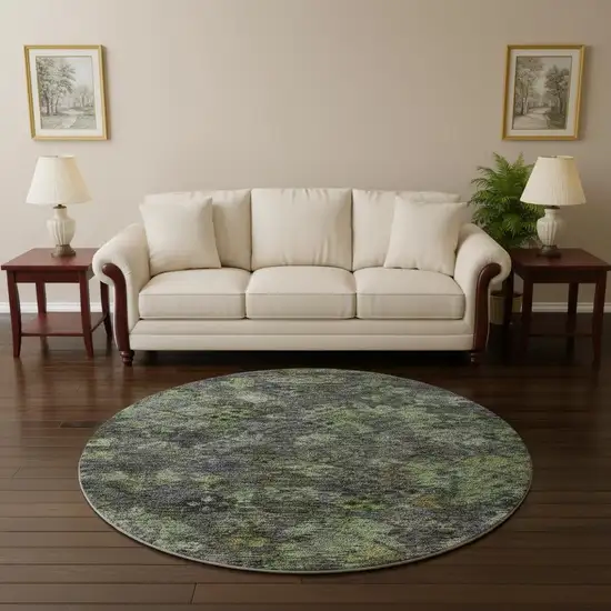 8' Green Gray And Purple Abstract Geometric Washable Round Rug With UV Protection Photo 2