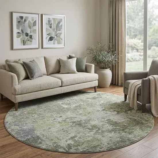 8' Green Gray And Purple Abstract Washable Round Rug With UV Protection Photo 1