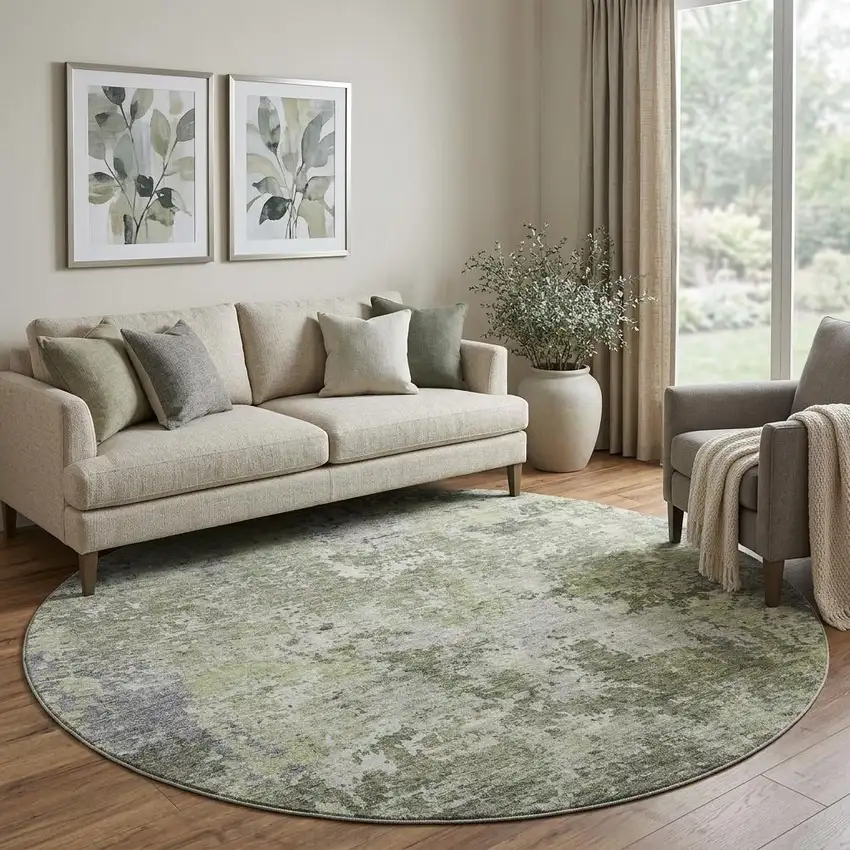 8' Green Gray And Purple Abstract Washable Round Rug With UV Protection Photo 1
