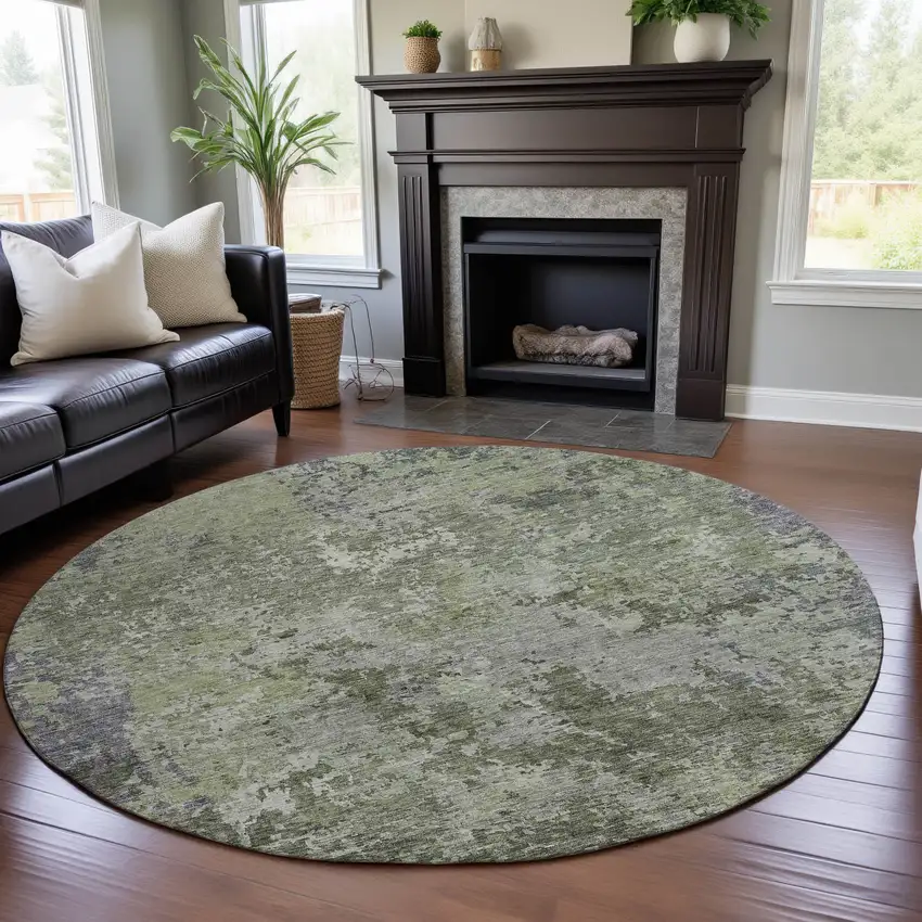 8' Green Gray And Purple Abstract Washable Round Rug With UV Protection Photo 4