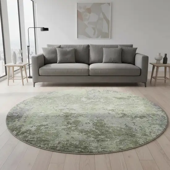 8' Green Gray And Purple Abstract Washable Round Rug With UV Protection Photo 2