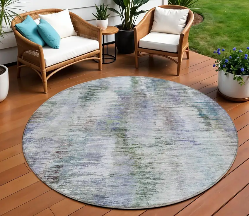 8' Green Gray And Purple Round Abstract Washable Indoor Outdoor Area Rug Photo 1