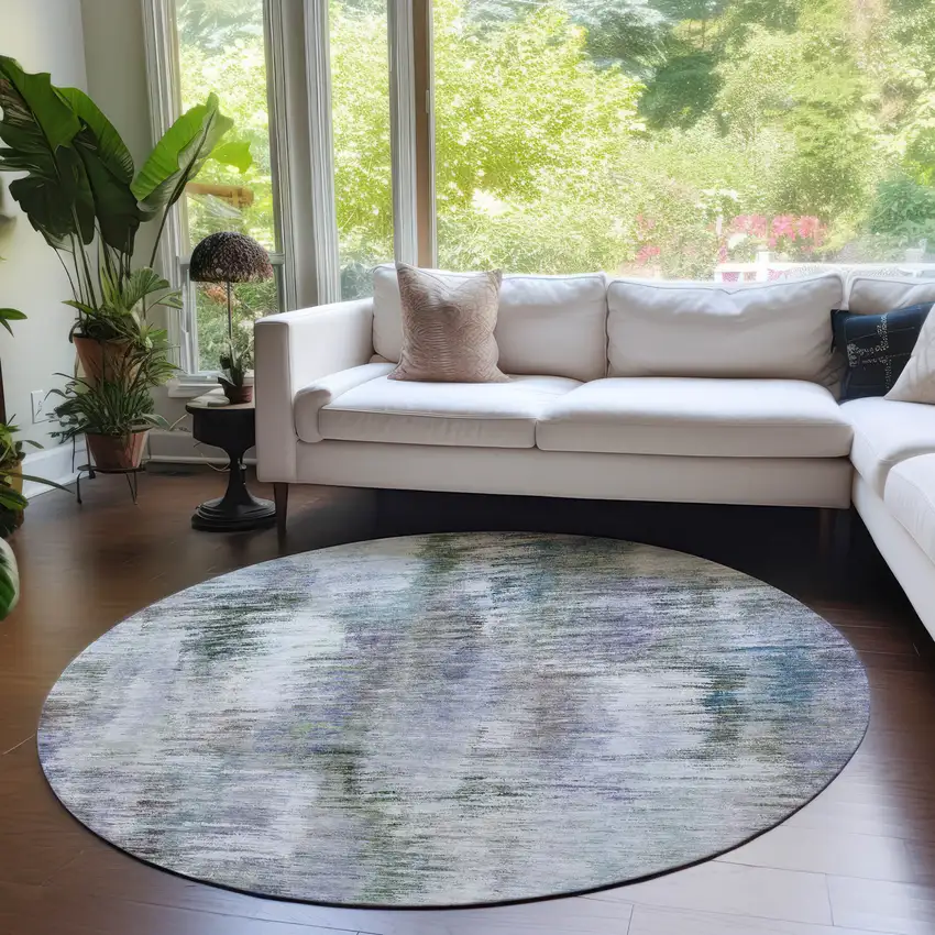 8' Green Gray And Purple Round Abstract Washable Indoor Outdoor Area Rug Photo 7