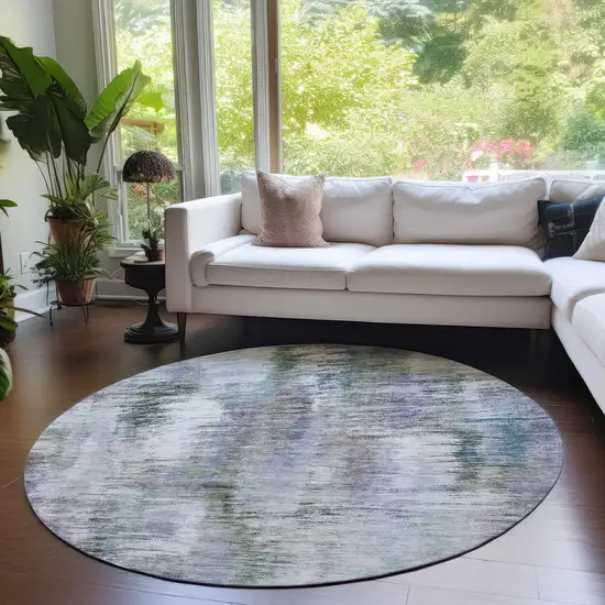 8' Green Gray And Purple Round Abstract Washable Indoor Outdoor Area Rug Photo 7