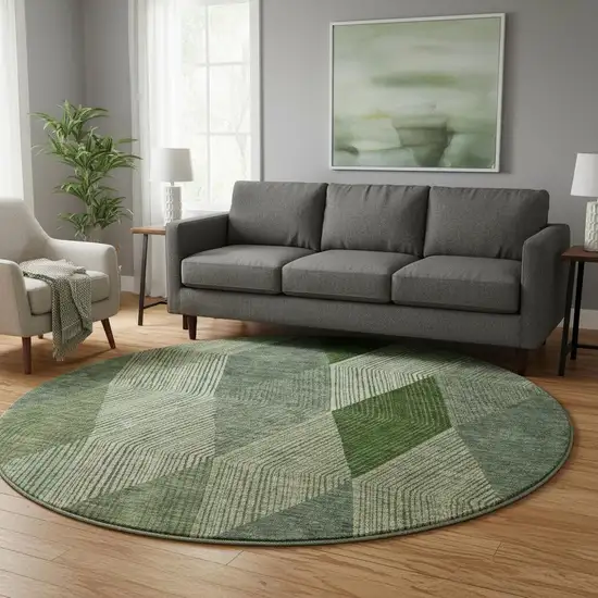 8' Green Gray And Sage Geometric Washable Round Rug With UV Protection Photo 2