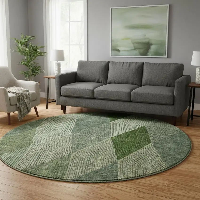 8' Green Gray And Sage Geometric Washable Round Rug With UV Protection Photo 2