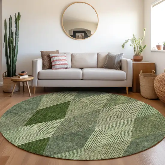 8' Green Gray And Sage Geometric Washable Round Rug With UV Protection Photo 4