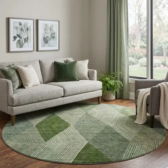 8' Green Gray And Sage Geometric Washable Round Rug With UV Protection Photo 1
