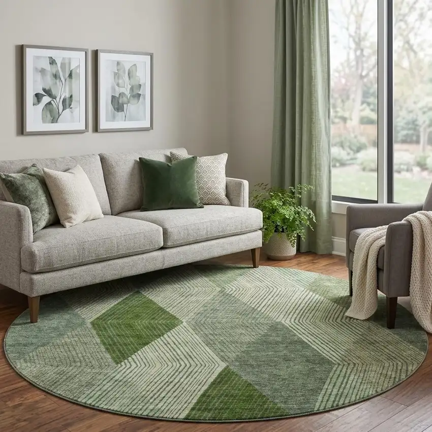 8' Green Gray And Sage Geometric Washable Round Rug With UV Protection Photo 1
