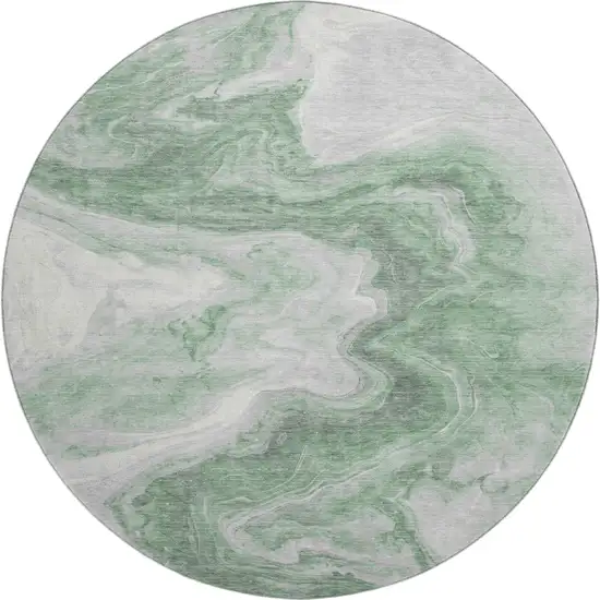 8' Green Gray And Silver Abstract Washable Round Rug With UV Protection Photo 1