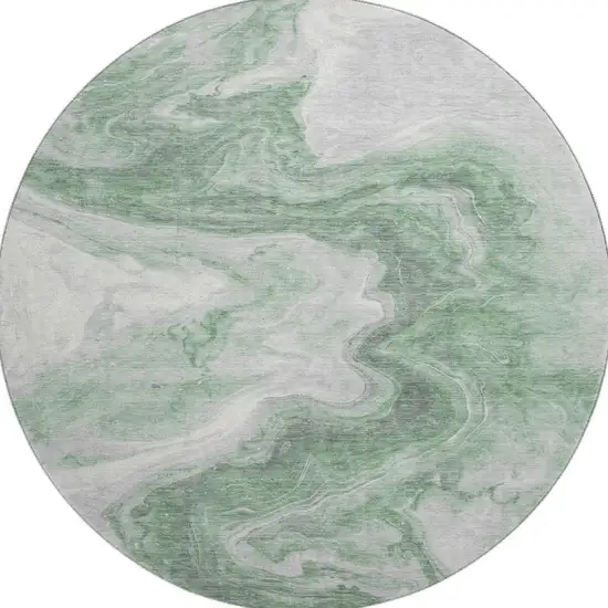 8' Green Gray And Silver Abstract Washable Round Rug With UV Protection Photo 3