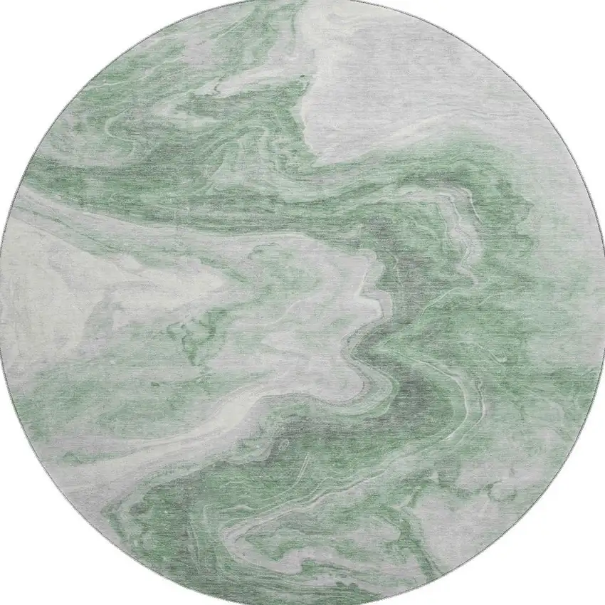 8' Green Gray And Silver Abstract Washable Round Rug With UV Protection Photo 3