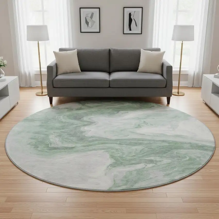 8' Green Gray And Silver Abstract Washable Round Rug With UV Protection Photo 2