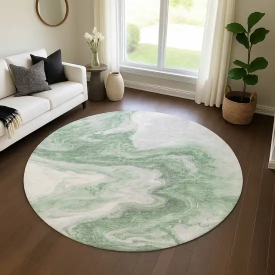 8' Green Gray And Silver Abstract Washable Round Rug With UV Protection Photo 4