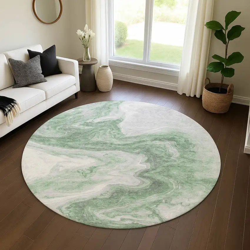 8' Green Gray And Silver Abstract Washable Round Rug With UV Protection Photo 4
