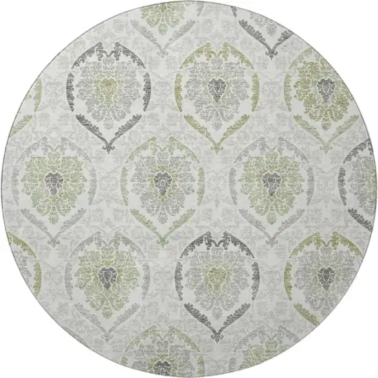 8' Green Gray And Silver Medallion Washable Round Rug With UV Protection Photo 4
