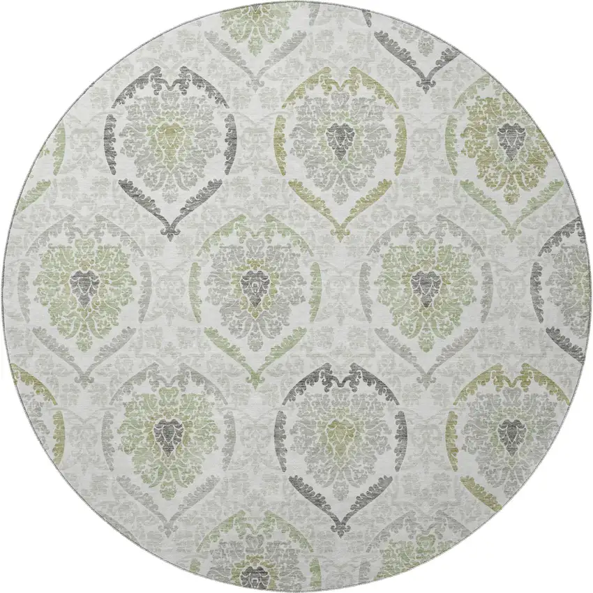 8' Green Gray And Silver Medallion Washable Round Rug With UV Protection Photo 4