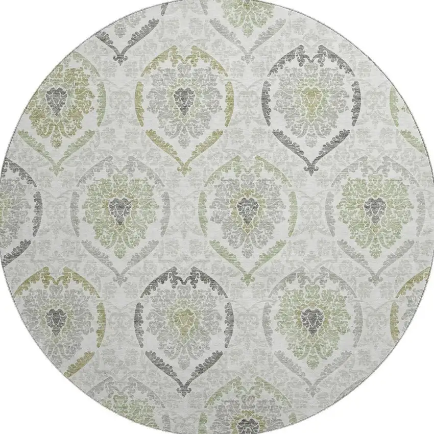8' Green Gray And Silver Medallion Washable Round Rug With UV Protection Photo 3