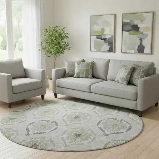 8' Green Gray And Silver Medallion Washable Round Rug With UV Protection Photo 1