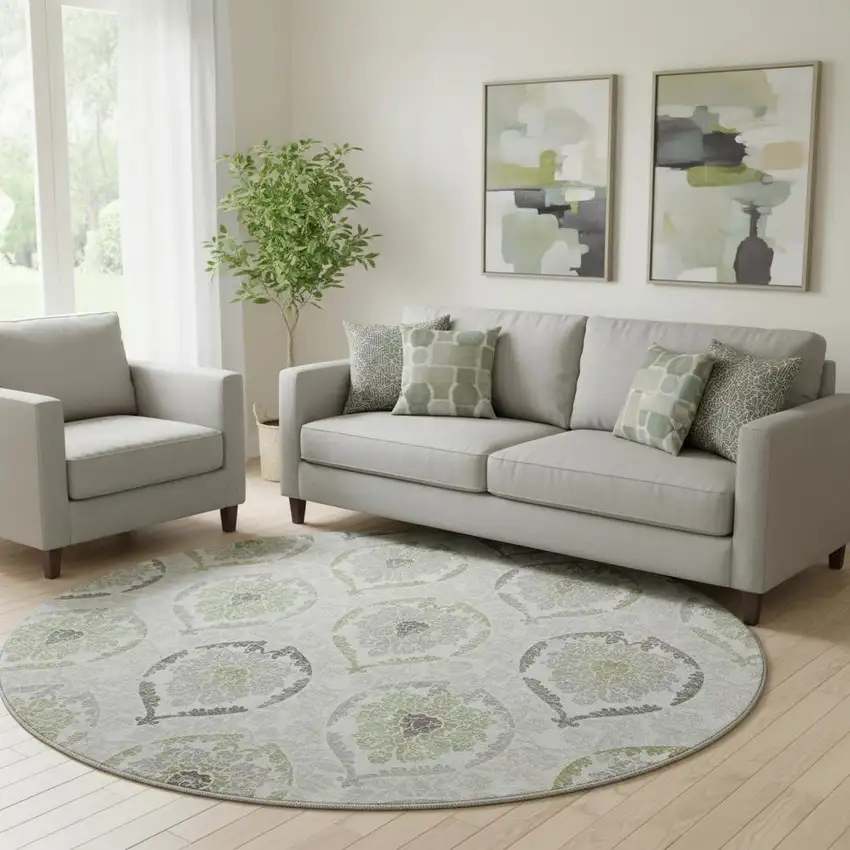 8' Green Gray And Silver Medallion Washable Round Rug With UV Protection Photo 1