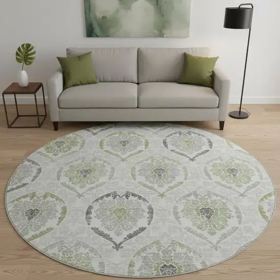8' Green Gray And Silver Medallion Washable Round Rug With UV Protection Photo 2