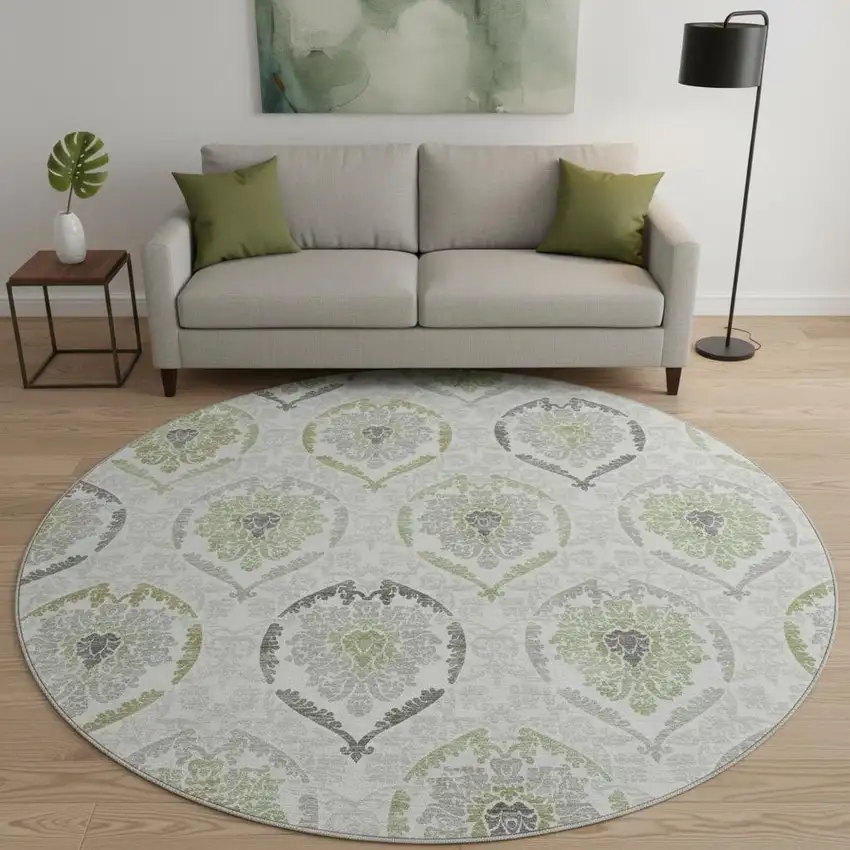 8' Green Gray And Silver Medallion Washable Round Rug With UV Protection Photo 2