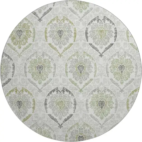 8' Green Gray And Silver Medallion Washable Round Rug With UV Protection Photo 1