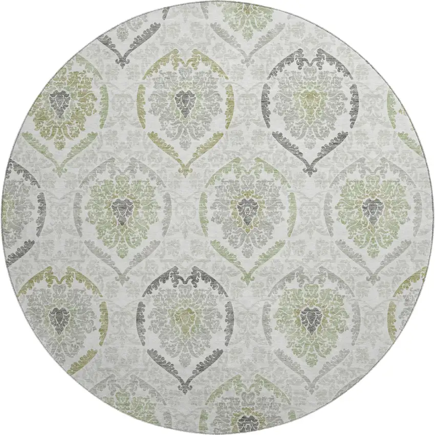 8' Green Gray And Silver Medallion Washable Round Rug With UV Protection Photo 1