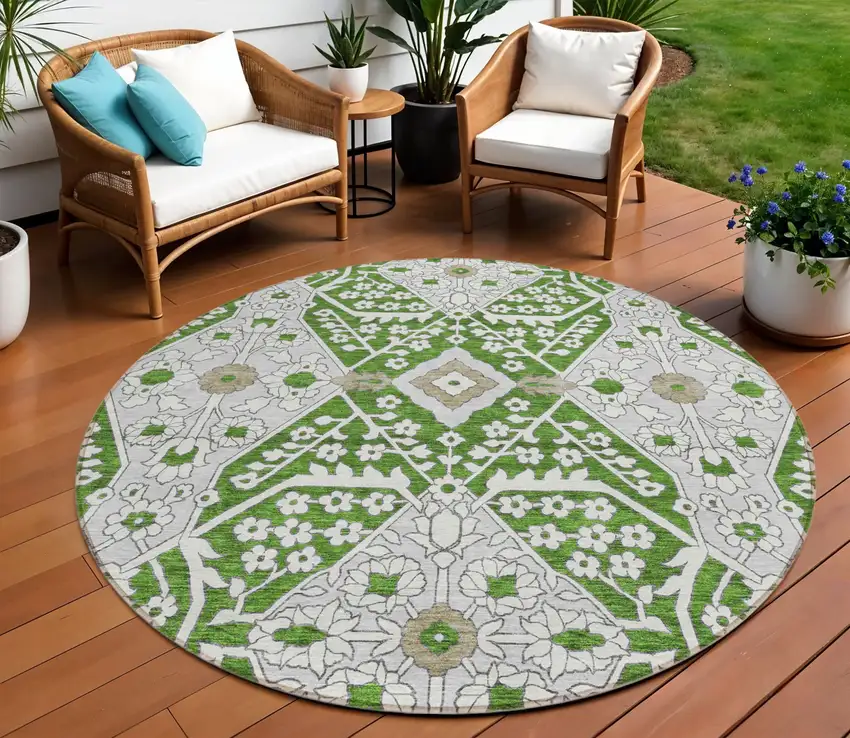 8' Green Gray And Taupe Round Floral Washable Indoor Outdoor Area Rug Photo 1